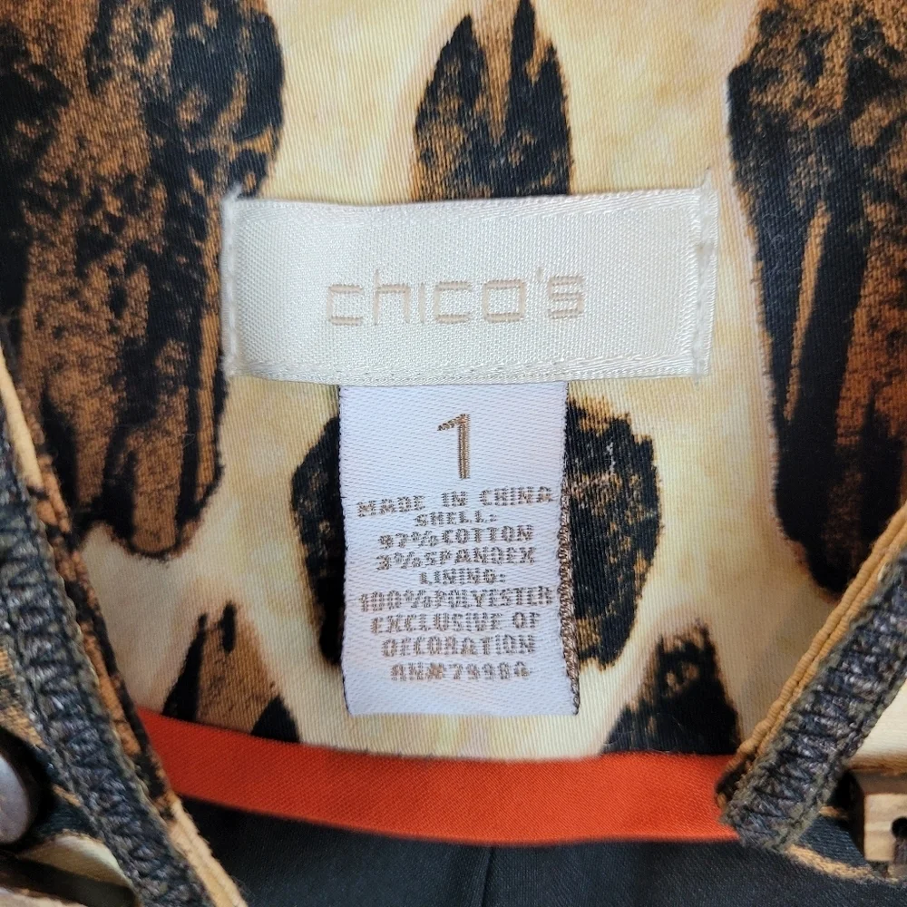 Chico's tribal print ivory black jacket brown beading tab collar artsy ethnic S